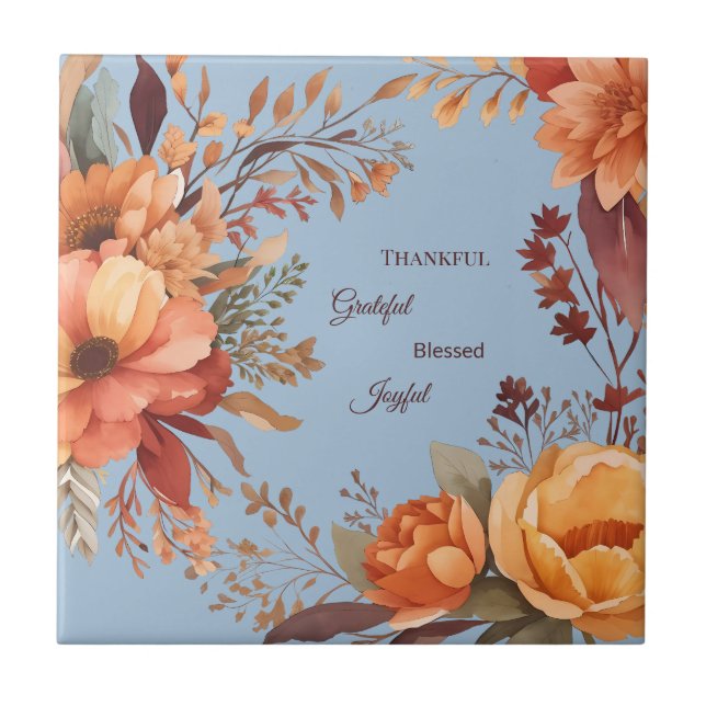 Thankful Grategul Blessed Floral Thanksgiving  Ceramic Tile (Front)