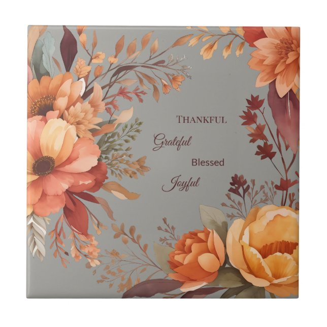 Thankful Grategul Blessed Floral Thanksgiving  Ceramic Tile (Front)