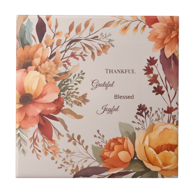 Thankful Grategul Blessed Floral Thanksgiving  Ceramic Tile (Front)