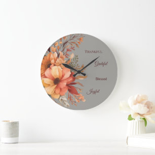 Thankful Grategul Blessed Floral Thanksgiving Large Clock
