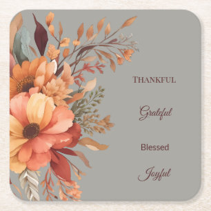 Thankful Grategul Blessed Floral Thanksgiving  Squ Square Paper Coaster