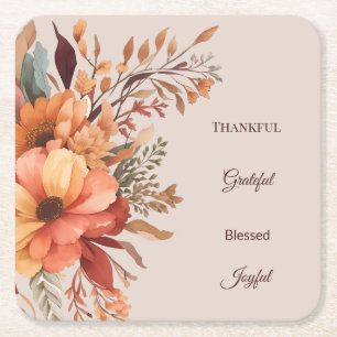 Thankful Grategul Blessed Floral Thanksgiving  Square Paper Coaster