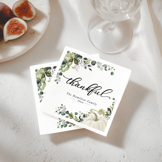 Thankful Greenery Pumpkin Thanksgiving Dinner Napkin (Creator Uploaded)