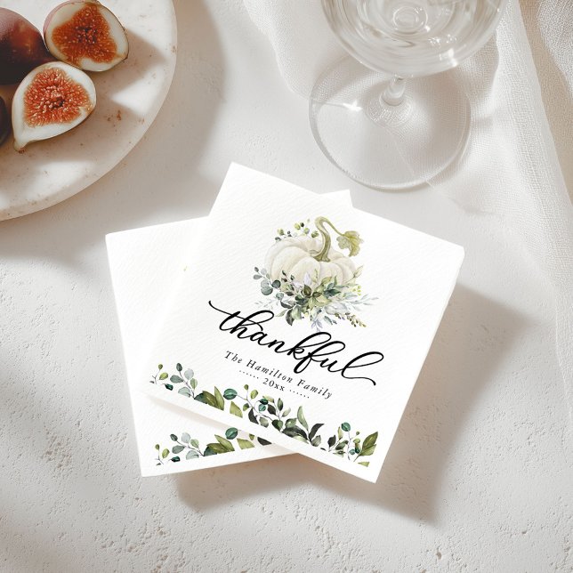 Thankful Greenery White Pumpkin Thanksgiving Napkin (Creator Uploaded)
