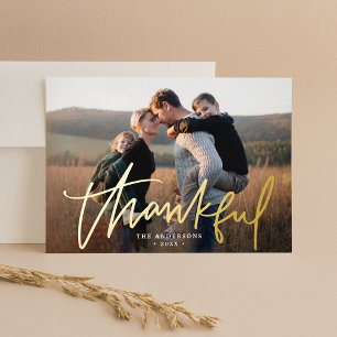 Thankful Hand-Lettered Script Photo Thanksgiving Foil Holiday Card