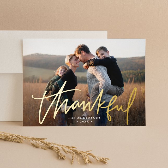Thankful Hand-Lettered Script Photo Thanksgiving Foil Holiday Card (Creator Uploaded)