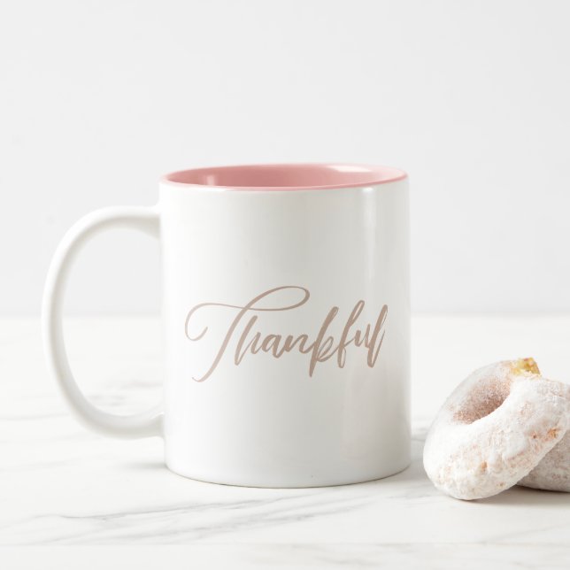 Thankful Handwritten Typography Two-Tone Coffee Mug (With Donut)