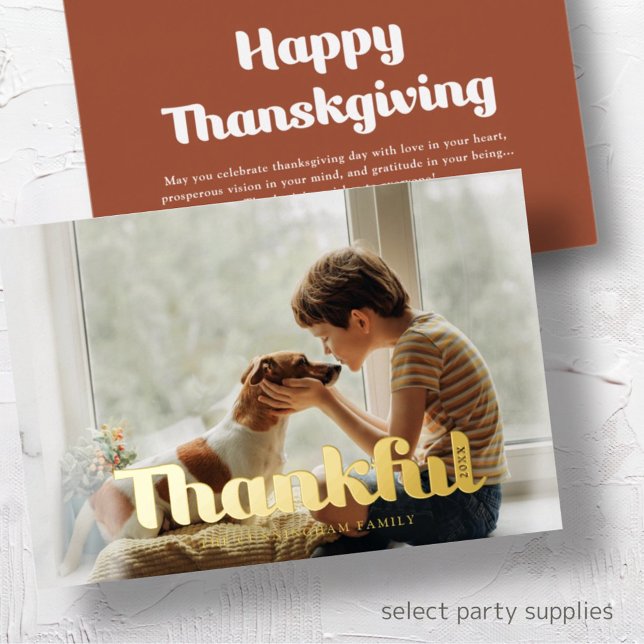 Thankful Happy Thanksgiving Modern Simple Photo Foil Holiday Card (Creator Uploaded)
