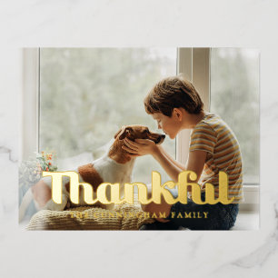 Thankful Happy Thanksgiving Modern Simple Photo Foil Holiday Postcard