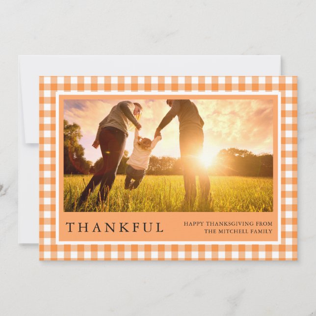 Thankful | Happy Thanksgiving Three Photo Gingham Holiday Card (Front)