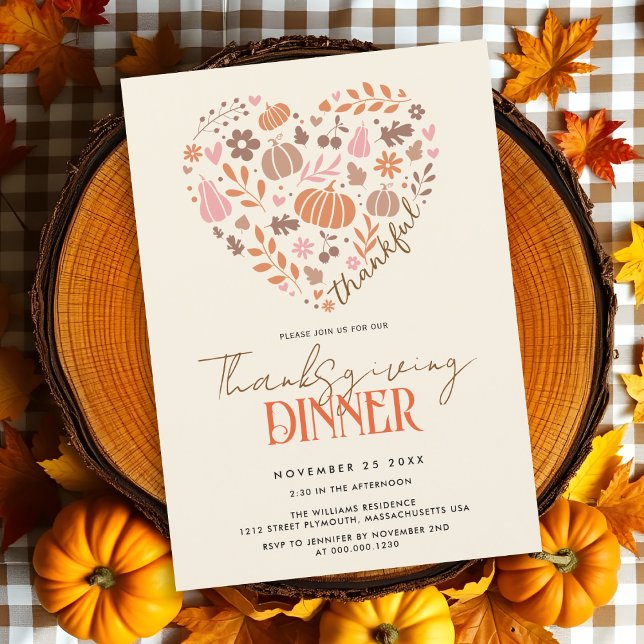 Thankful heart with pumpkins Thanksgiving dinner Invitation (Creator Uploaded)