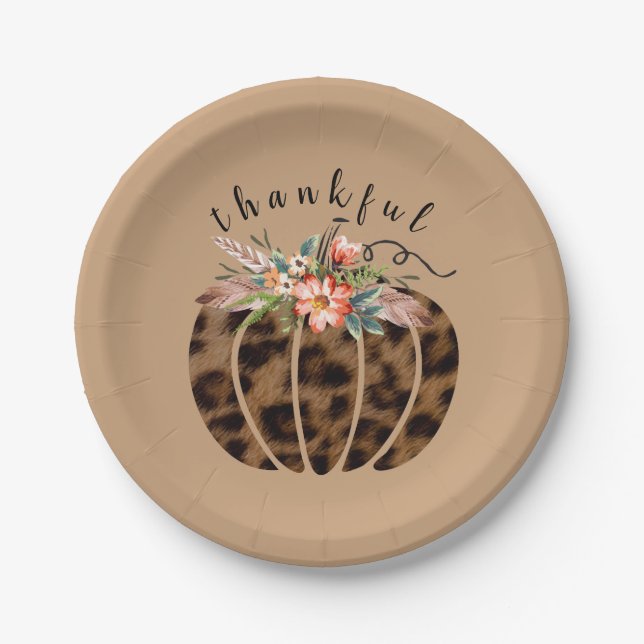 Thankful Leopard Print Pumpkin Boho Fall Autumn Paper Plate (Front)