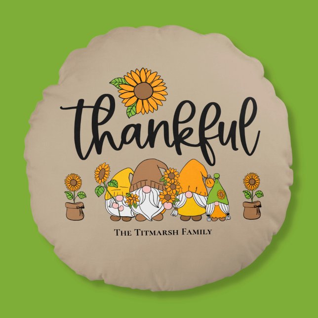 Thankful little sunflower gnome family round cushion (Creator Uploaded)