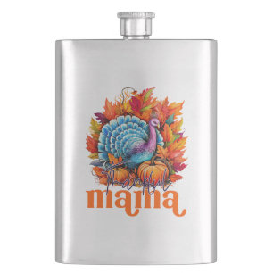 Thankful Mama Turkey and Autumn Leaves Foliage Hip Flask