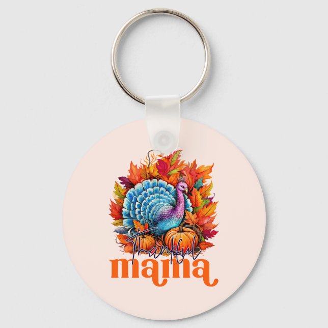 Thankful Mama Turkey and Autumn Leaves Foliage Key Ring (Front)