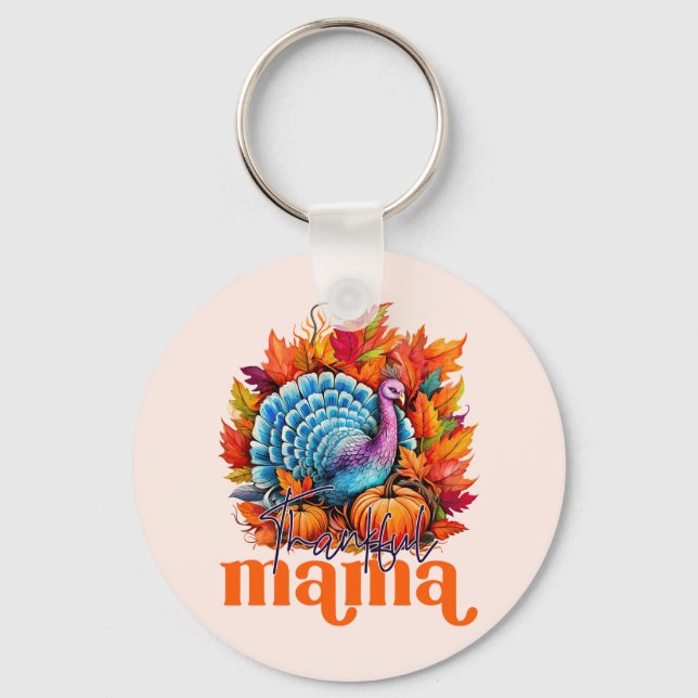Thankful Mama Turkey and Autumn Leaves Foliage Key Ring (Front)