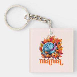 Thankful Mama Turkey and Autumn Leaves Foliage Key Ring