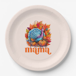 Thankful Mama Turkey and Autumn Leaves Foliage Paper Plate