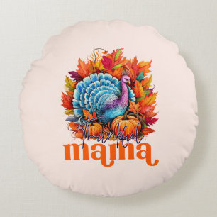 Thankful Mama Turkey and Autumn Leaves Foliage Round Cushion