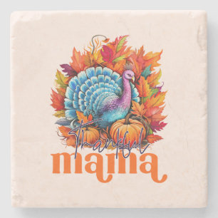 Thankful Mama Turkey and Autumn Leaves Foliage Stone Coaster