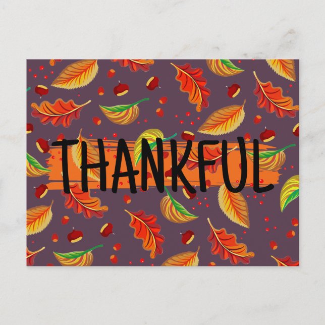  Thankful Modern Autumn Leaves Nuts Chestnuts Fall Postcard (Front)