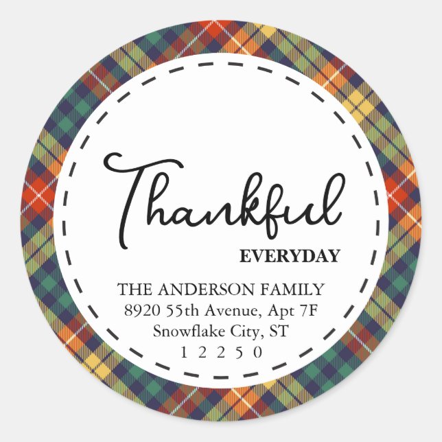 Thankful |Modern Check Pattern Simple Thanksgiving Classic Round Sticker (Front)