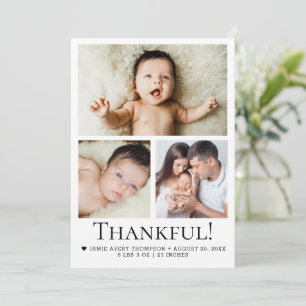Thankful! Modern three photos baby Thank You Card