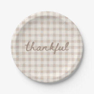 Thankful Neutral Tan Gingham  Paper Plate