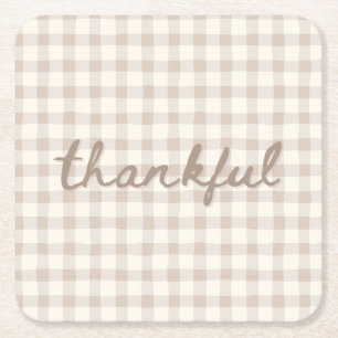 Thankful Neutral Tan Gingham  Square Paper Coaster