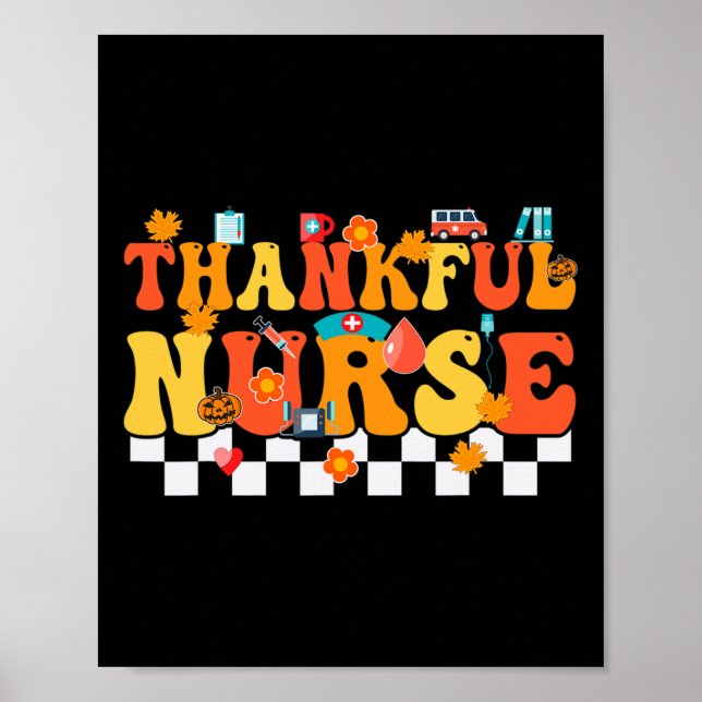 Thankful Nurse Retro Groovy Thanksgiving Fall RN W Poster (Front)