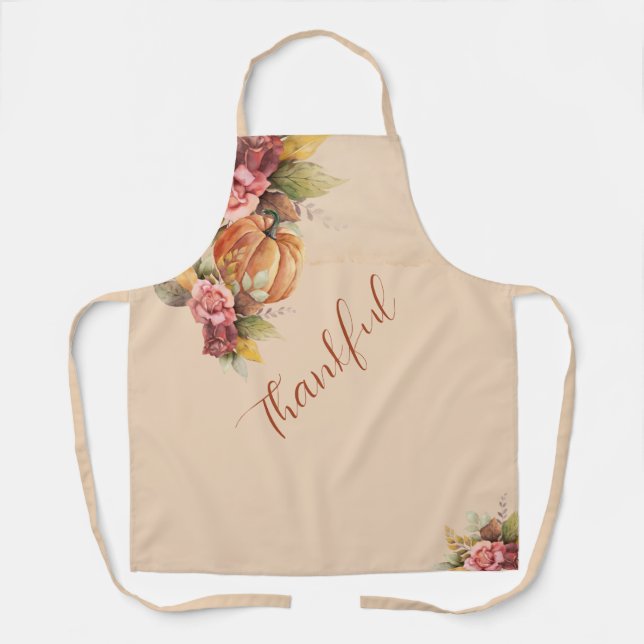 Thankful Orange Pumpkin Fall Foliage Thanksgiving Apron (Front)