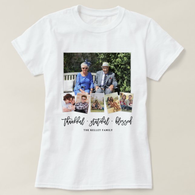 Thankful, Personalised 6 Photo Family Collage T-Shirt (Design Front)