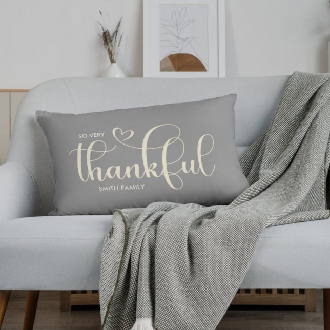 Thankful Personalised Grey Fall Autumn Lumbar Cushion (Creator Uploaded)