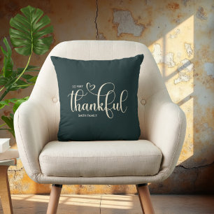 Thankful Personalized Family Name Dark Green Cushion