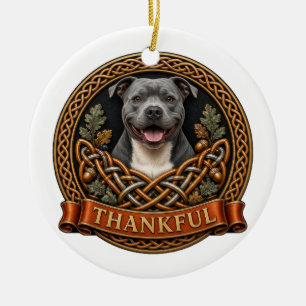 Thankful Pit Bull Celtic Knot Thanksgiving Ceramic Ornament
