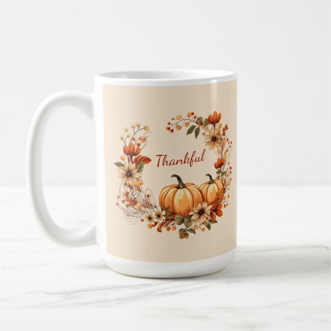 Thankful Pumpkin and Autumn Flowers Wreath Coffee Mug (Left)