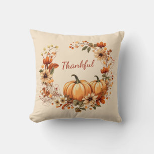 Thankful Pumpkin and Autumn Flowers Wreath Cushion