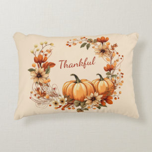 Thankful Pumpkin and Autumn Flowers Wreath Decorative Cushion
