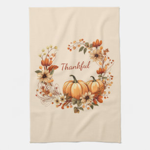 Thankful Pumpkin and Autumn Flowers Wreath Tea Towel