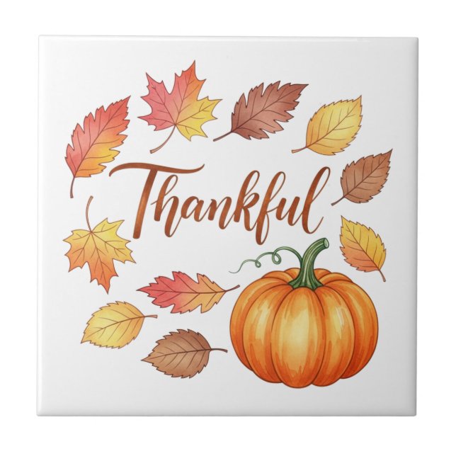 Thankful Pumpkin & Autumn Leaves Ceramic Tile (Front)
