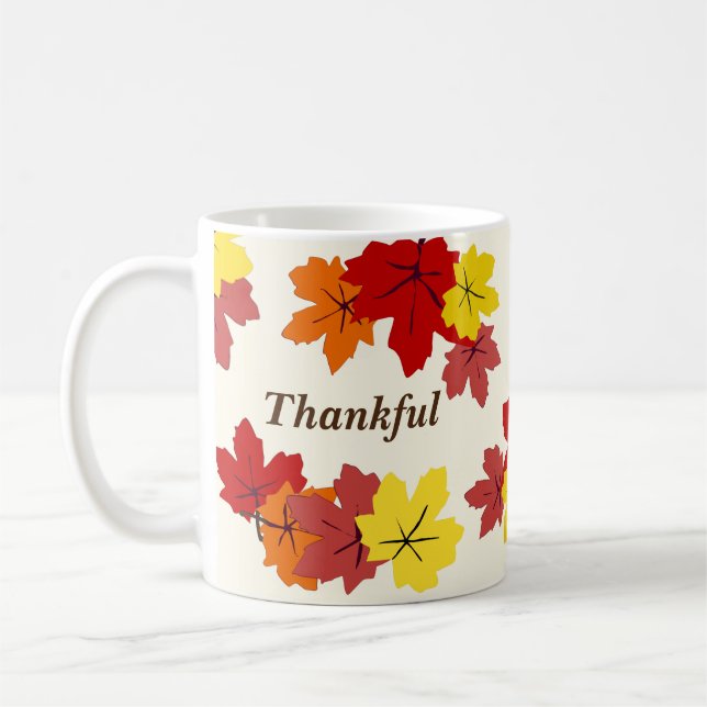 Thankful Red Orange Yellow Fall Maple Tree Leaves Coffee Mug (Left)