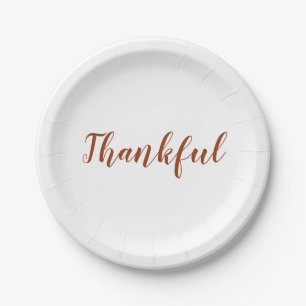 Thankful rust cinnamon white script thanksgiving paper plate