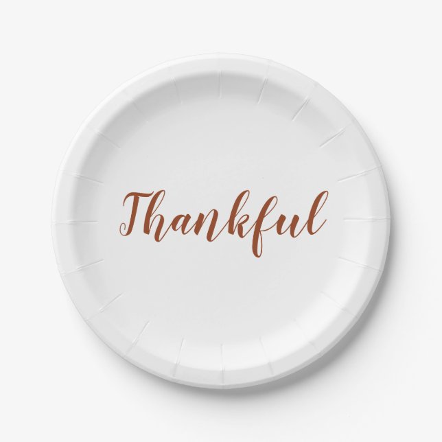 Thankful rust cinnamon white script thanksgiving paper plate (Front)
