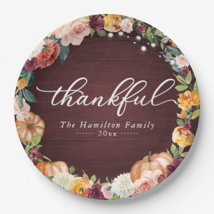Thankful Rustic Autumn Flowers Thanksgiving Dinner Paper Plate