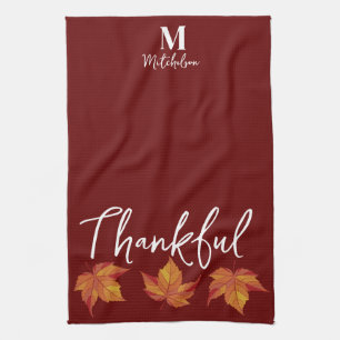 Thankful Rustic Orange Fall Leaves Tea Towel