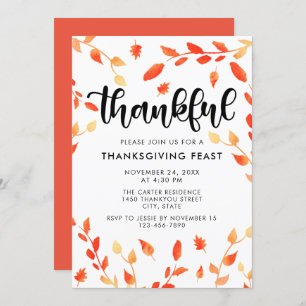 Thankful Script Fall Foliage Watercolor Leaves Invitation