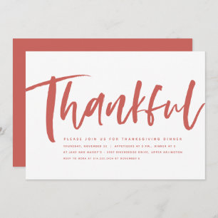 Thankful script modern orange Thanksgiving Invitation