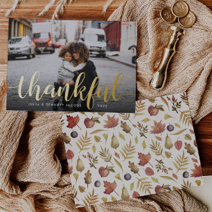 Thankful Script   Thanksgiving Photo Foil Holiday Card