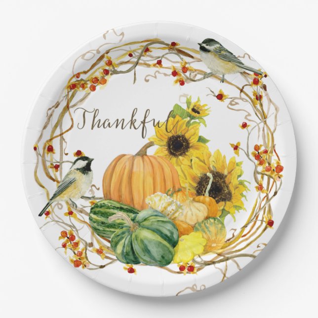 Thankful Sunflower Watercolor Floral Fall Pumpkin Paper Plate (Front)