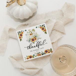 Thankful Sunflowers White Pumpkin Thanksgiving Napkin